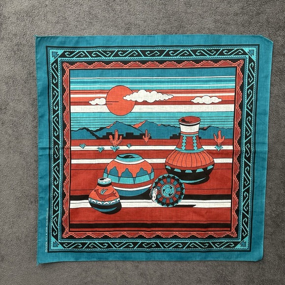VTG Native Southwestern Native Pottery Bandana Handkerchief Teal Tribal Desert - Picture 2 of 7